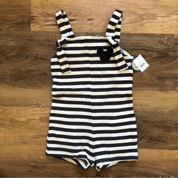 Junk Food Girls’ Mickey Mouse Romper Cream Black Stripes Size 6 NWT - Picture 1 of 6